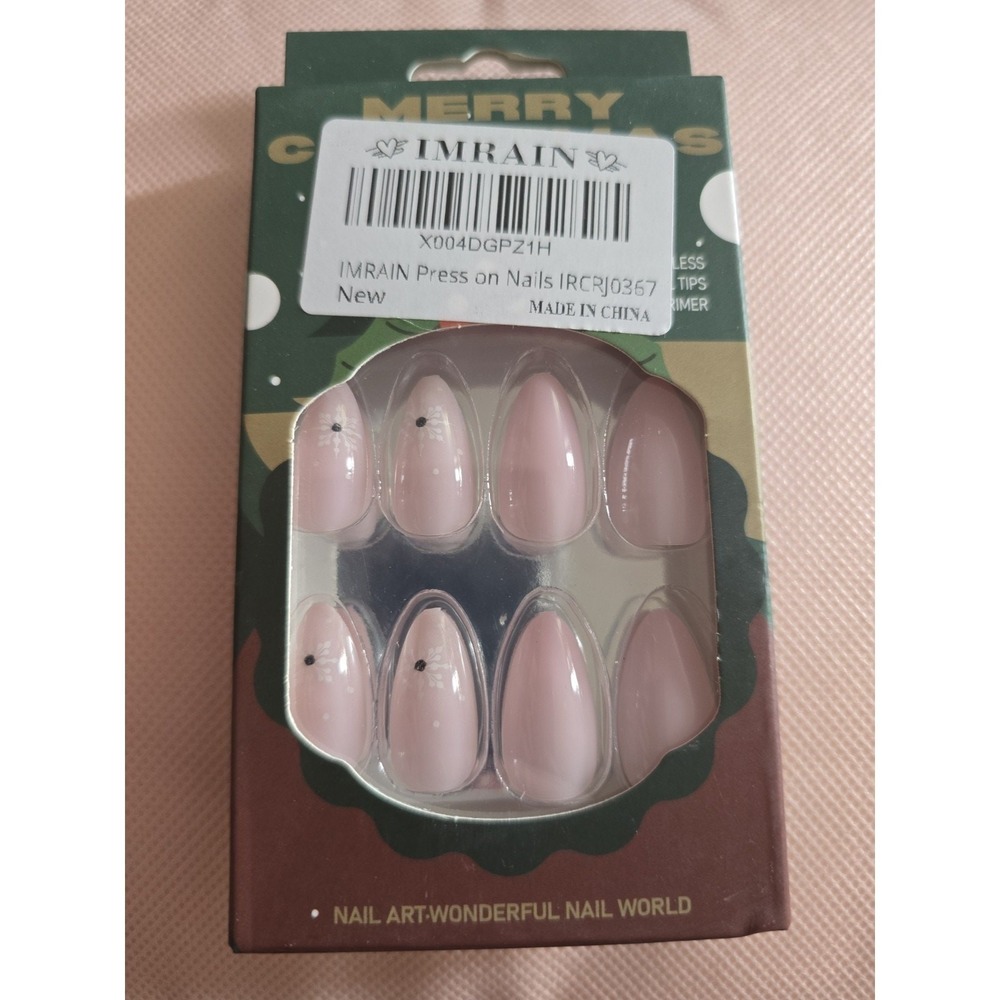Imrain Press On Nails Pink Snowflakes Valentine Sexy Almond IRCRJ0367 Medium